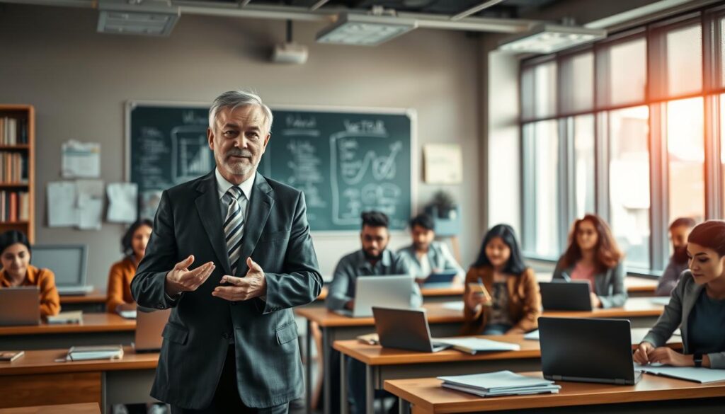 A professional university lecture setting with a diverse group of engaged students and a knowledgeable instructor at the front. The foreground features the instructor, a middle-aged man in a sharp business suit, energetically presenting to the class. In the middle, students of various ethnic backgrounds, with focused expressions, sit at desks with laptops and notepads, taking notes and participating in discussions. The background showcases a modern classroom with bookshelves filled with academic texts, a chalkboard covered in diagrams, and large windows allowing natural light to flood in, creating an inviting atmosphere. The image is captured with a Sony A7R IV at 70mm, offering clear focus and sharp detail with a polarized filter to enhance colors. The mood is scholarly and dynamic, reflecting the importance of higher education teaching activities.