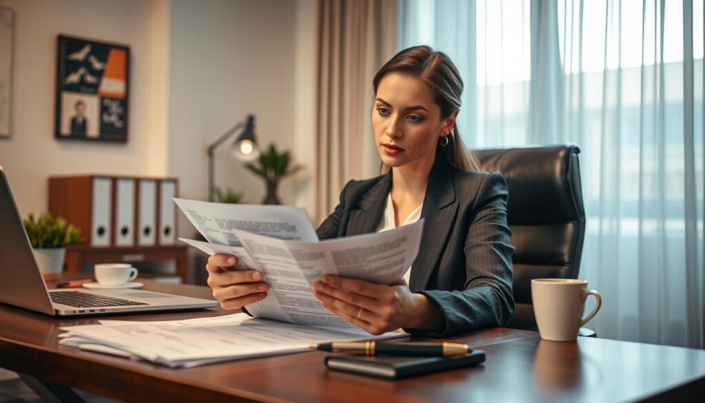 A professional woman sitting at a desk in a modern office, dressed in smart business attire, reviewing a stack of rejection letters with a contemplative expression. In the foreground, the focus is on her thoughtful gaze and a pen resting on the desk, symbolizing decision-making and contemplation. The middle ground features a neatly organized workspace, with a laptop, a coffee cup, and a small plant, creating an atmosphere of productivity. The background showcases a bright office window with natural light filtering through sheer curtains, illuminating the scene. The mood conveys a sense of resilience and determination, with soft focus around the edges, shot on Sony A7R IV at 70mm, clearly focused and sharply defined with polarized filter effects.