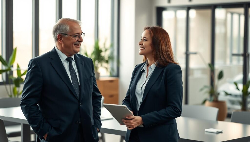 A professional workplace setting depicting two individuals engaged in a respectful conversation. In the foreground, a middle-aged man in a tailored navy suit listens attentively to a young woman wearing a smart blazer and blouse, both maintaining open body language and smiles. In the middle background, a sleek conference table with a laptop and notepads suggests a collaborative environment. Soft, natural light filters through large windows, creating a warm atmosphere. The background features modern office decor with plants, enhancing the sense of a positive and inviting workspace. Shot on Sony A7R IV, 70mm lens, clearly focused, sharply defined, with a polarized filter to enhance colors and reduce glare. The mood is professional, positive, and supportive.