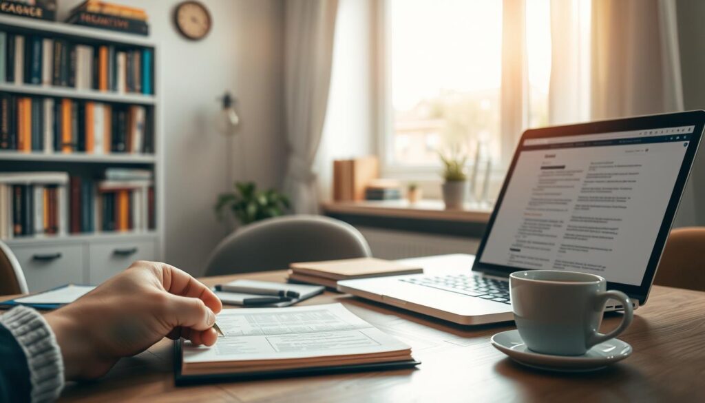 A professional workspace featuring a well-organized desk with a laptop, notebooks, and a cup of coffee, representing effective work style formulation. In the foreground, a hand is poised over a notebook, as if taking notes, while an open laptop displays a well-structured document. In the middle ground, a window reveals a bright, sunny day, filtering soft natural light into the room, creating a warm and inviting atmosphere. In the background, a bookshelf filled with books on productivity and personal development adds depth. The scene is captured using a Sony A7R IV at 70mm, with a polarized filter enhancing clarity and color saturation. The mood should convey focus and professionalism, ideal for illustrating effective work style.