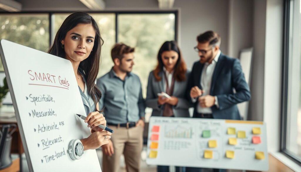 A professional workspace scene depicting a diverse group of individuals collaborating on setting SMART goals. In the foreground, a confident woman in business attire is writing on a whiteboard, clearly outlining Specific, Measurable, Achievable, Relevant, and Time-bound goals. In the middle, a diverse team (two men and one woman) attentively discussing and providing feedback, surrounded by colorful post-it notes and charts representing personal and professional aspirations. The background showcases a bright, modern office with large windows allowing natural light, creating an optimistic atmosphere. The image conveys teamwork, focus, and dedication, captured with a Sony A7R IV at 70mm, ensuring sharp focus and vibrant colors enhanced by a polarized filter. The composition is professional and inspiring, evoking a sense of purpose and achievement.