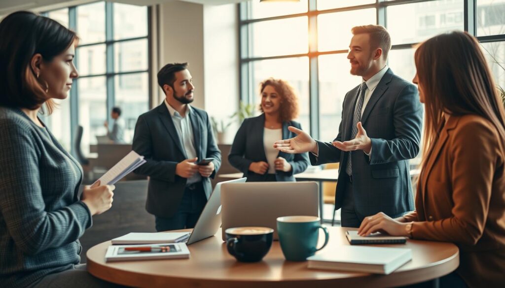 A professional workspace scene showcasing a diverse group of individuals discussing their work styles. In the foreground, a focused woman in smart casual attire takes notes, while a man in a tailored suit gestures expressively, emphasizing clarity in communication. In the middle ground, a round table with laptops, notebooks, and a coffee mug signifies collaboration. The background features a modern office with large windows allowing natural light to stream in, creating a bright and inviting atmosphere. The lighting is warm and soft, enhancing the inviting feel of the space. Shot with a Sony A7R IV at 70mm, the image should be sharply defined, highlighting the details of facial expressions and workspace elements. Aim for a tone of professionalism, openness, and positivity, encouraging a dialogue about work styles and productivity.