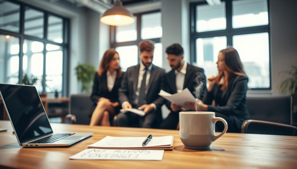 A professional workspace set up for preparing creative interview questions. In the foreground, a neatly organized wooden table features a laptop, a notepad filled with handwritten notes, and a cup of steaming coffee. In the middle, a diverse group of three individuals dressed in smart business attire collaborates, engaging in intense discussion while reviewing question lists. The background showcases a bright, modern office space with large windows allowing natural light to flood in, casting soft shadows. The atmosphere is focused and energetic, reflecting a mood of creativity and preparation. Captured with a Sony A7R IV at 70mm, using a polarized filter for enhanced clarity and vivid colors, ensure sharp definition and a professional appearance.