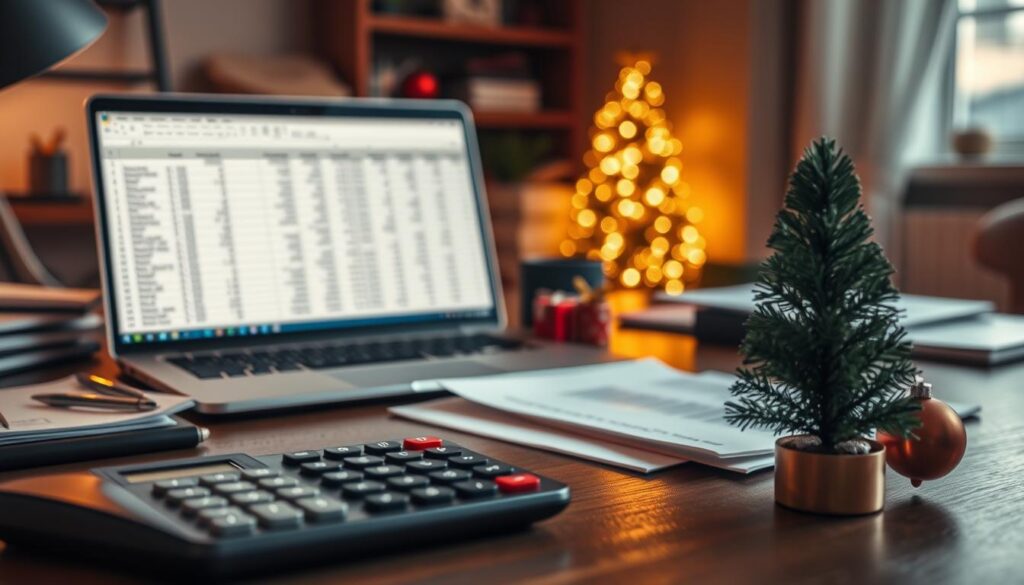 A professional workspace setup showcasing the concept of tax treatment for Christmas bonuses. In the foreground, a meticulously organized desk featuring a calculator, documents, and a festive holiday-themed decoration like a small evergreen tree or ornaments. The middle ground includes a polished laptop open to a spreadsheet highlighting financial figures related to bonuses. In the background, soft warm lighting casts a cozy glow, enhancing the inviting atmosphere of a productive yet festive environment. Shot with a Sony A7R IV at 70mm, ensuring a clear focus on the desk items while blurring the background slightly for depth. The mood is professional yet joyful, reflecting the importance of the holiday season in the context of financial planning. No text or additional graphics present.