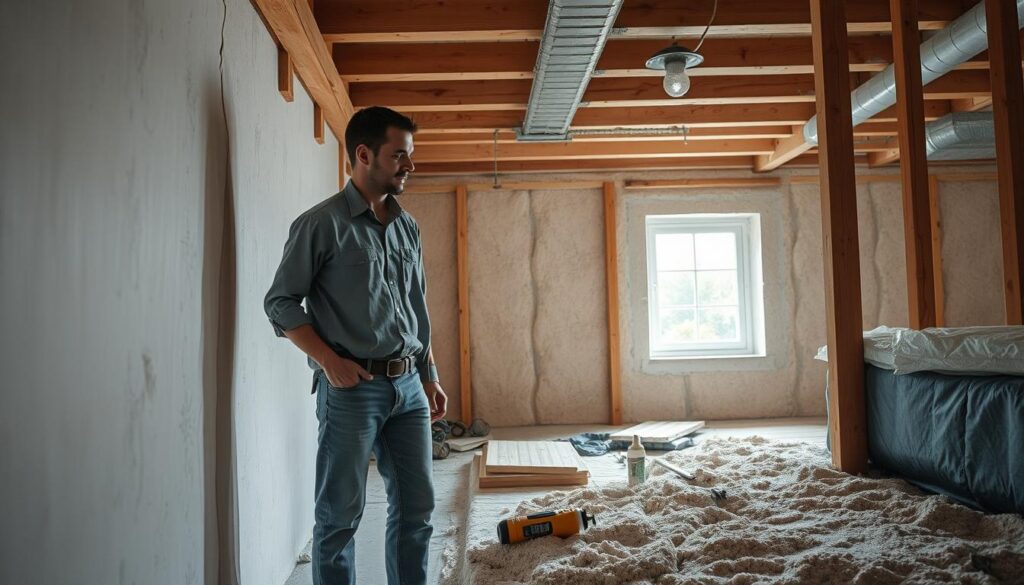 A professional workspace showcasing effective Kellerisolierung techniques. In the foreground, a well-equipped contractor in modest casual clothing inspects a newly isolated basement wall, highlighting the layers of insulation material such as foam and membrane. In the middle ground, a partially finished basement features exposed beams and structural elements, with tools neatly arranged nearby, including a moisture meter and sealant. The background displays a window revealing a sunny day outside, contrasting with the cool, organized indoor environment. Bright, even lighting enhances the textures of the insulation materials while maintaining focus on the contractor's assessment. The composition conveys a sense of professionalism and expertise, emphasizing the importance of proper Kellerisolierung in preventing moisture damage. Shot on a Sony A7R IV at 70mm, clearly focused, with a polarized filter to enhance clarity.