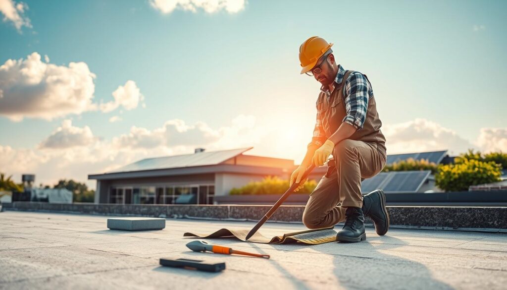 A rooftop scene showcasing environmentally friendly roofing work, featuring a skilled roofer in professional attire applying sustainable materials to a flat roof. In the foreground, the roofer is using a green insulation product, surrounded by tools like a trowel and measuring tape. The middle ground displays the modern building with solar panels and green roofing vegetation, emphasizing eco-friendly options. In the background, a blue sky with soft, fluffy clouds and gentle sunlight creates a warm atmosphere. Capture this image with a Sony A7R IV at 70mm, ensuring sharp focus and vivid details, enhanced by a polarized filter for clarity and contrast. The mood is optimistic and innovative, representing a sustainable future in roofing.