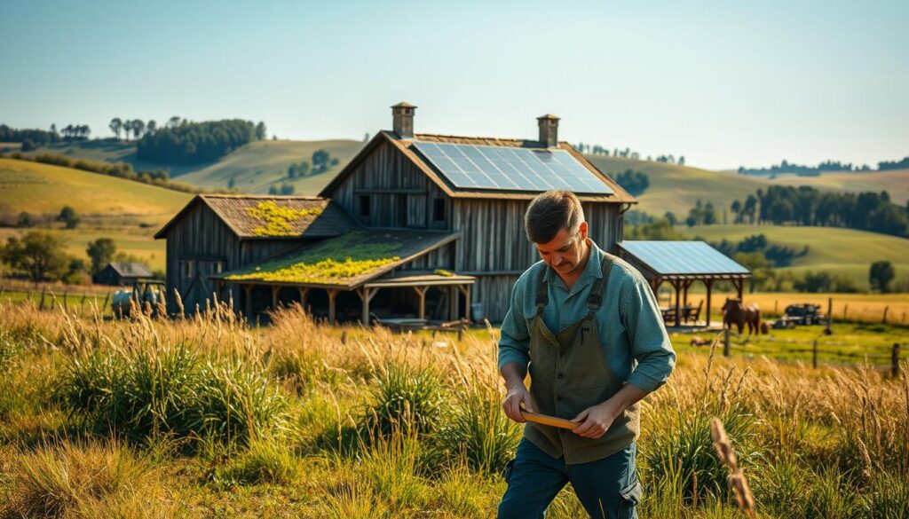 A scenic rural setting showcasing sustainable building practices. In the foreground, a skilled craftsman in modest casual clothing, working diligently on the restoration of a traditional farmhouse using eco-friendly materials. The middle ground features a partially renovated barn, with green roofing and solar panels reflecting innovation in construction. In the background, rolling hills dotted with trees and meadows emphasize the tranquility of the countryside. The scene is illuminated by soft, golden sunlight, casting warm tones that evoke a sense of harmony with nature. Shot on a Sony A7R IV at 70mm, the image is sharply defined with a polarizing filter enhancing the vibrant greens and blues of the landscape, creating an inviting and sustainable atmosphere.
