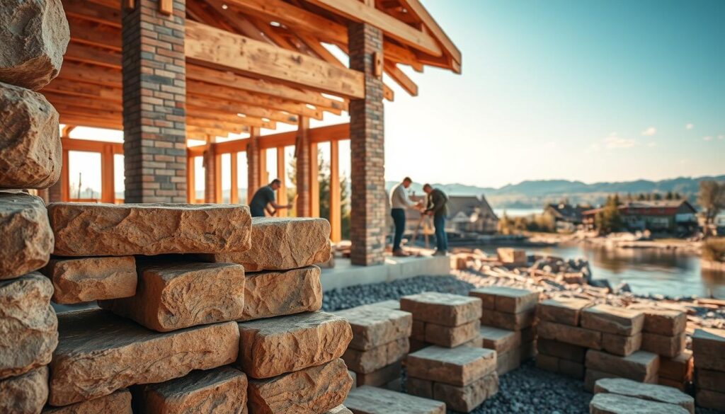 A scenic view of a construction site showcasing the use of natural stone in building projects. In the foreground, display intricately carved natural stone blocks stacked neatly, highlighting their textures and earthy tones. In the middle ground, craftsmen in professional attire carefully working on a structure built with timber framing and natural stone, demonstrating their skills. The background features a picturesque landscape of the Weser River with trees and traditional German architecture peeking through, bathed in soft, warm sunlight. The image is taken with a Sony A7R IV at 70mm, rendering details sharply with a polarized filter for vibrant colors and clear focus, evoking a sense of craftsmanship and harmony with nature.