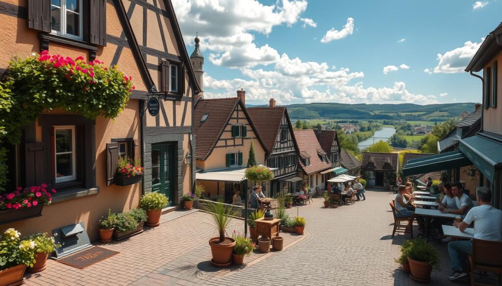 A scenic view of cozy accommodations in Hann. Münden, featuring charming half-timbered houses adorned with colorful flower boxes. In the foreground, a welcoming guesthouse with outdoor seating, surrounded by lush greenery and cobblestone paths. The middle ground showcases quaint inns and a vibrant café with patrons in modest casual clothing enjoying drinks on the patio. In the background, the beautiful landscape of the Dreiflüssestadt, with three rivers merging, framed by rolling hills under a bright blue sky dotted with fluffy white clouds. The atmosphere is warm and inviting, captured in natural lighting with a Sony A7R IV at 70mm, emphasizing sharp details and vibrant colors, enhanced by a polarized filter for clear contrasts and depth.