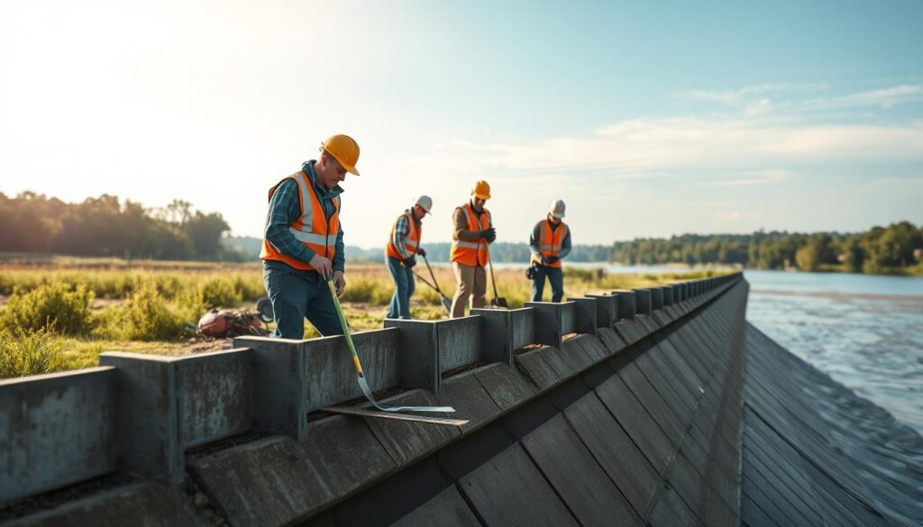 A scenic view of flood protection measures along the Weser River, featuring a modern levee system with reinforced barriers, positioned in the foreground. In the middle ground, show a team of professional craftsmen in safety gear and modest attire, collaborating on the installation of protective elements, utilizing tools like shovels and measuring equipment. The background should include lush greenery and gentle riverbanks, with a clear blue sky and soft, diffused sunlight to create a bright and optimistic atmosphere. The composition should capture the essence of proactive flood protection and convey a sense of teamwork and expertise. Shot on a Sony A7R IV at 70mm, with a polarized filter for clarity and enhanced colors, sharply focused on the craftsmen and protection structures, providing a detailed and vivid portrayal.