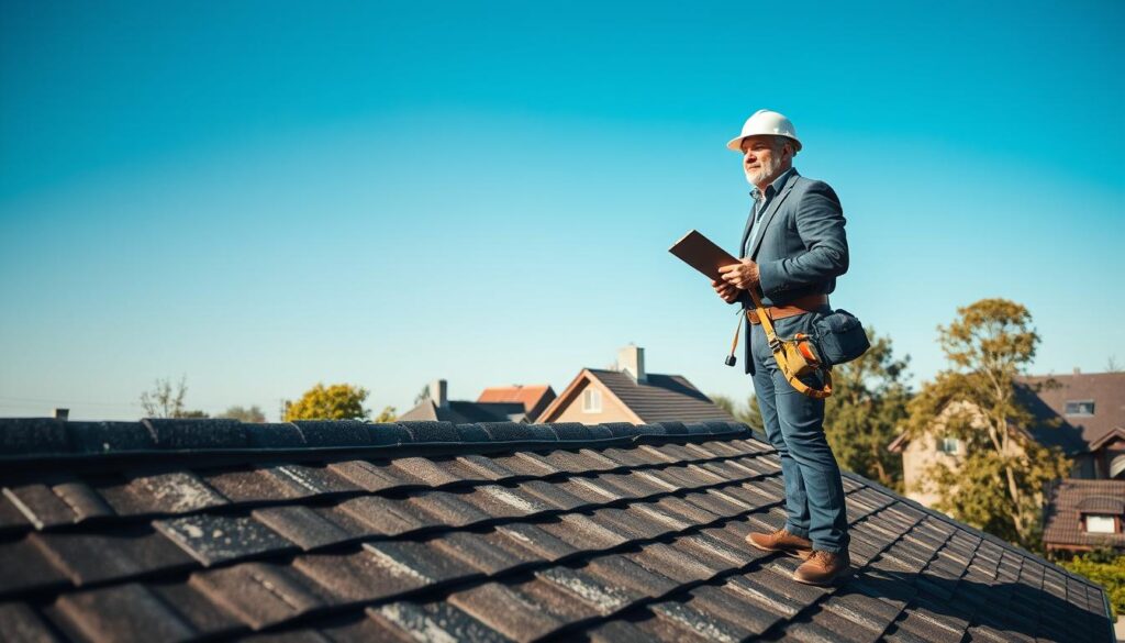 A seasoned roofing contractor stands confidently on a sloped roof under a clear blue sky, showcasing expert craftsmanship. The foreground features high-quality roofing materials, neatly arranged shingles, and safety equipment like harnesses and helmets, emphasizing professionalism. In the middle ground, the contractor is in a reflective moment, analyzing the roof's condition with a clipboard in hand, wearing a smart business outfit. The background reveals a charming Rinteln neighborhood, with quaint houses and trees, complementing the atmosphere of community trust. The image is shot using a Sony A7R IV at 70mm, with a polarized filter for vivid colors and clear detail, creating a bright yet serious mood that highlights the importance of choosing the right roofer.