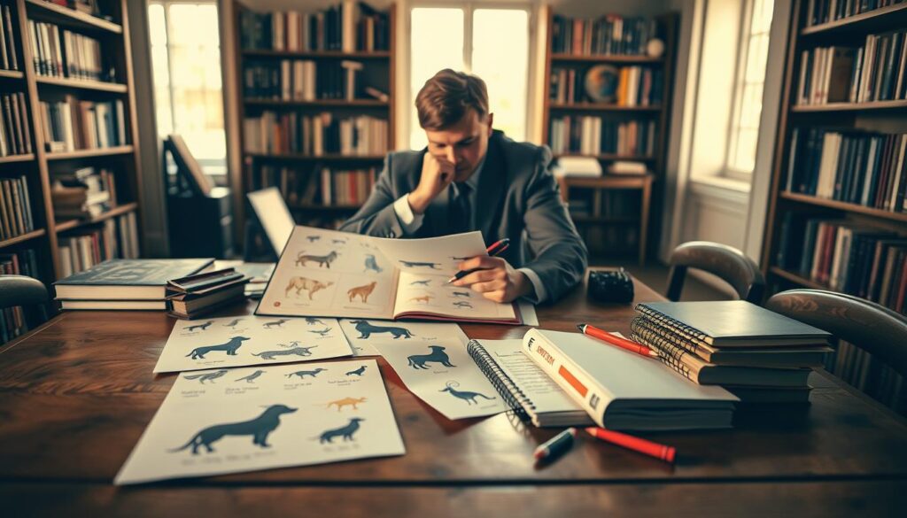 A serene and contemplative scene illustrating "Testmethodik," featuring a central figure deep in thought, analyzing various animal traits through visual aids. In the foreground, a wooden table is cluttered with colorful personality charts, animal silhouettes, and a notebook filled with annotations. The middle ground showcases the figure, dressed in professional business attire, focusing intently on the materials. The background reveals a softly lit library filled with books on psychology and animal behavior, creating a scholarly atmosphere. The light is warm and inviting, highlighting the details on the table and casting gentle shadows. Shot on a Sony A7R IV with a 70mm lens, the image is clearly focused, sharply defined, and enhanced by a polarized filter to enrich colors and contrast. The overall mood is thoughtful and intellectual, inviting viewers into the world of personality testing.
