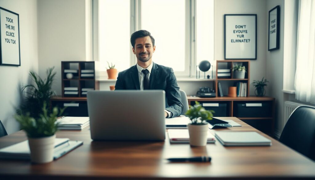 A serene and focused workspace that symbolizes the theme of eliminating temptations in the pursuit of self-control. In the foreground, a well-organized desk featuring a laptop, notebooks, and a small plant, signifying productivity. In the middle ground, a person in professional business attire, sitting purposefully at the desk, exhibits determination and concentration, with a slight smile to depict motivation. The background features a bright, airy room with soft natural light streaming through a large window and motivational quotes subtly framed on the walls. The atmosphere is peaceful yet inspiring, encouraging a sense of willpower and clarity. Shot on a Sony A7R IV at 70mm, using a polarized filter for enhanced detail and definition.