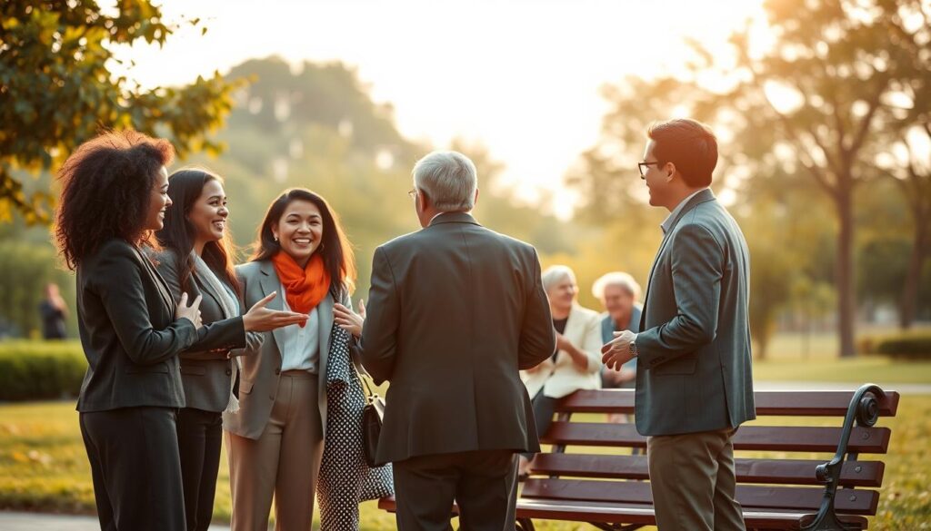 A serene and harmonious outdoor scene depicting diverse individuals of various backgrounds engaging in warm, friendly interactions that showcase the power of social relationships and appreciation. In the foreground, a small group of people, dressed in professional business attire, stand in a circle, sharing smiles and laughter as they exchange gestures of respect and support. In the middle ground, a couple is seated on a park bench, deep in conversation, embodying connection and friendship. The background features softly blurred greenery and trees, allowing the focus to remain on the foreground relationships. The soft, golden lighting of a late afternoon sun enhances the scene, creating a warm and inviting atmosphere. Shot on a Sony A7R IV at 70mm, with a polarized filter to ensure sharp detail and vibrant colors, evoking feelings of unity and belonging.