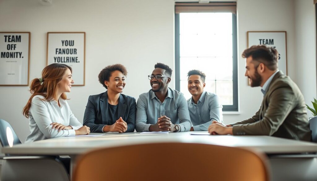 A serene and harmonious workplace setting, showcasing diverse individuals engaged in constructive dialogue. In the foreground, a group of three professionals—one woman and two men—are sitting at a modern conference table, dressed in smart casual attire, smiling and actively listening to one another. The middle layer features a large window allowing natural light to flood the room, reflecting the warmth of positive communication. The background displays motivational posters on the walls that symbolize teamwork and understanding. Use soft, balanced lighting with a slightly blurred effect to emphasize the warmth of the scene. Shot with a Sony A7R IV at 70mm, ensuring crisp details and a professional atmosphere. The mood conveys collaboration and appreciation, highlighting the advantages of respectful communication in daily life.