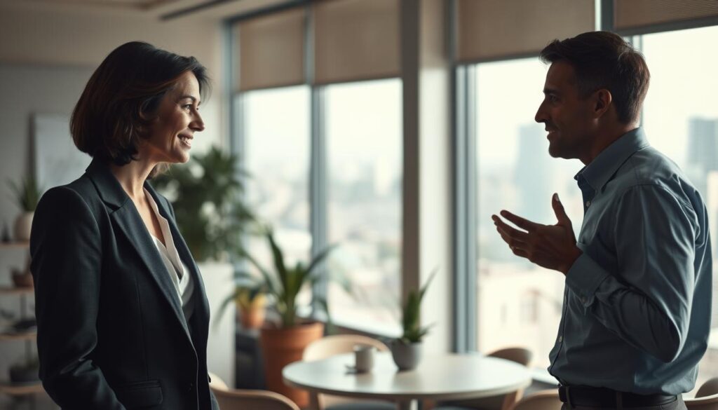 A serene and intimate scene depicting two professionals engaged in a challenging conversation, showcasing empathy and understanding. In the foreground, a woman in a smart business suit leans slightly forward, her expression warm and attentive as she listens. Opposite her, a man in a tailored shirt looks reflective, his hands gently gesturing as he shares his thoughts. The middle ground features a softly lit, modern office setting, with a round table and plants adding a touch of warmth. In the background, large windows reveal a cityscape, bathed in soft, natural light. The mood feels calm and constructive, emphasizing the importance of communication in difficult situations. Shot on a Sony A7R IV with a 70mm lens, the image is sharply defined and clearly focused, utilizing a polarized filter to enhance colors and reduce glare.