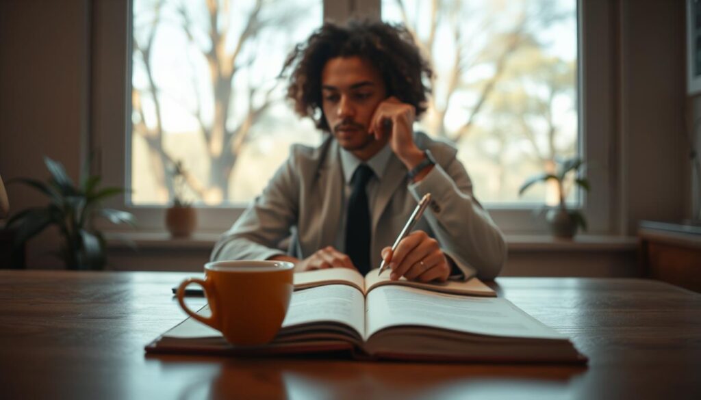 A serene and introspective scene depicting a person engaged in self-reflection, centered in a cozy, softly lit room. In the foreground, a thoughtful individual sits at a wooden desk, wearing business attire, with a journal open in front of them and a pen poised in hand. The middle ground features a warm coffee cup and a small potted plant, symbolizing growth. In the background, a window lets in soft, natural light, illuminating a peaceful view of trees swaying gently in the breeze. The atmosphere is calm and contemplative, evoking a sense of introspection and personal development. Shot with a Sony A7R IV at 70mm, the image is clearly focused and sharply defined, utilizing a polarized filter to enhance colors.