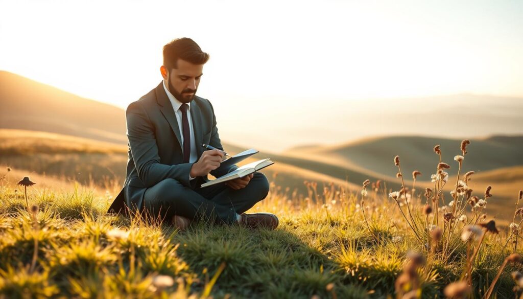 A serene and introspective scene depicting a person engaged in self-reflection for personal development. In the foreground, a thoughtful individual dressed in professional business attire sits cross-legged on a soft, grassy hillside, looking down at a reflective journal with a pen in hand. The middle ground features gentle rolling hills and wildflowers swaying in a light breeze, while the background is bathed in the warm light of a setting sun, casting long shadows. The atmosphere is calm and uplifting, with soft golden hues illuminating the scene. The composition is shot on a Sony A7R IV at 70mm, ensuring a clearly focused and sharply defined image, enhanced by a polarized filter to enrich colors and contrast.