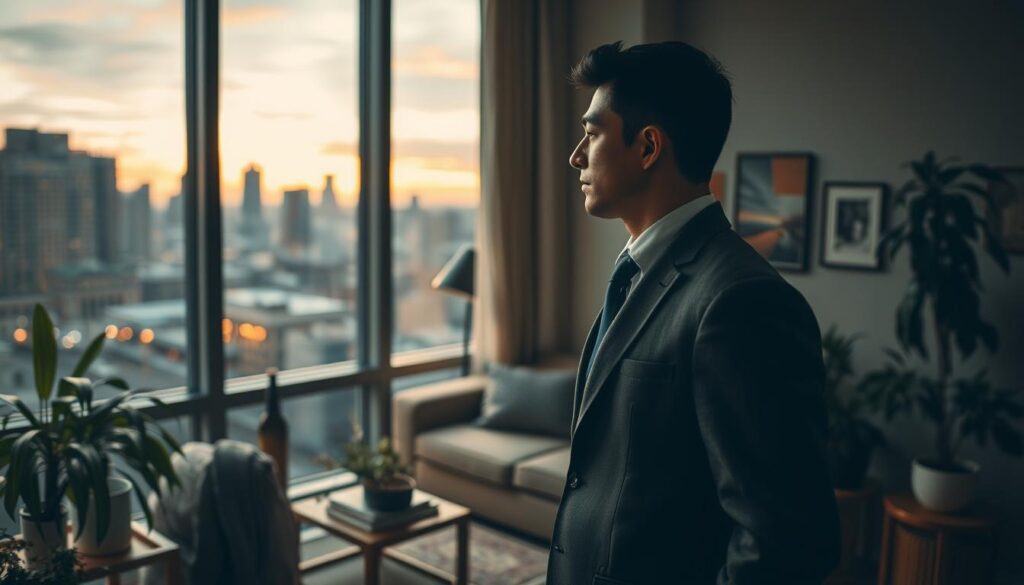 A serene and introspective scene depicting changes in personal life. In the foreground, a thoughtful individual in professional attire stands by a large window, gazing out thoughtfully at a vibrant cityscape. In the middle, a cozy living space filled with personal items, such as books, photos, and plants, symbolizes transition and growth. The background features a soft-focus view of a transitioning skyline, with hints of sunrise colors illuminating the sky, representing new beginnings. Natural light filters into the room, creating a warm, inviting atmosphere. Shot on a Sony A7R IV at 70mm, the image is sharply defined, capturing every detail with a polarized filter enhancing colors. The mood is reflective and hopeful, illustrating the theme of personal transformation.