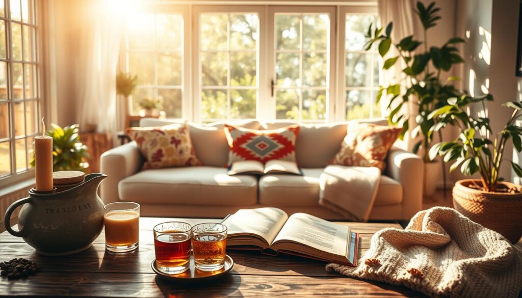 A serene and inviting scene depicting a cozy preparation area for relaxation, set in a sunlit living room. In the foreground, a neatly arranged table holds herbal teas, aromatic candles, and a soft blanket, inviting comfort. In the middle, a large, plush sofa is adorned with colorful cushions, and a book rests open, hinting at peaceful reading. In the background, a large window allows the warm, golden sunlight to stream in, casting gentle shadows across the room, while lush green plants create a calming, natural atmosphere. The image should be shot with a Sony A7R IV at 70mm, ensuring sharp focus and clarity, enhanced by a polarized filter for vibrant colors. The mood is relaxed and rejuvenating, perfect for illustrating preparations for quality downtime.