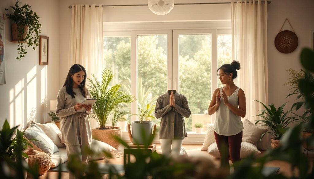 A serene and inviting scene illustrating "Tips for Self-Love in Daily Life." In the foreground, a diverse group of three individuals, dressed in modest casual clothing, are engaging in positive self-care activities like journaling, meditating, and practicing yoga. The middle ground features a cozy, sunlit room adorned with plants and soft cushions, promoting a sense of comfort and relaxation. In the background, a large window reveals a peaceful garden outside, with soft natural light streaming in, highlighting the tranquility of the space. The composition is captured using a Sony A7R IV at 70mm, offering clear focus and sharp definition. The overall mood is uplifting and encouraging, creating an atmosphere that inspires self-acceptance and care.