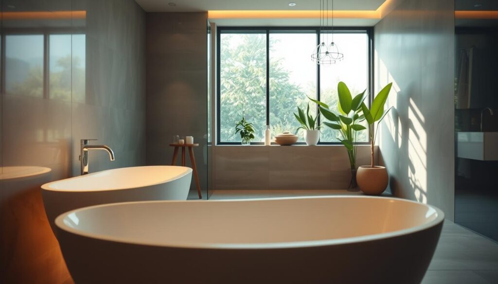 A serene and modern bathroom designed for wellness, focusing on the art of lighting and color. The foreground features a sleek, freestanding bathtub illuminated by soft, warm LED lights, creating a calming glow. In the middle, there are elegant tiles in soothing earth-tones and glass accents reflecting gentle natural light from a large window, enhancing the tranquil atmosphere. The background showcases lush green plants and minimalist decor, complemented by a subtle interplay of shadows. The scene is shot at a low angle with a Sony A7R IV at 70mm, ensuring crisp detail and depth. The overall mood radiates relaxation and rejuvenation, inviting a sense of peace and comfort.