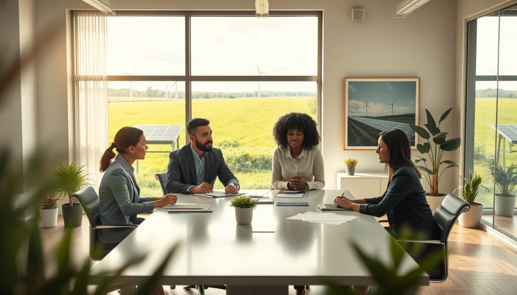 A serene and modern office environment that embodies potential consulting for sustainable business success. In the foreground, a diverse group of three professionals in business attire engages in a collaborative discussion around a sleek conference table with digital devices and sustainable materials present. In the middle ground, a large window reveals a lush green landscape, symbolizing sustainability, with solar panels and wind turbines visible in the distance. The background features a bright, airy office space adorned with plants and modern artwork related to eco-friendly practices, providing a sense of creativity and inspiration. The image captures soft, natural lighting and is sharply defined, as if shot on a Sony A7R IV with a 70mm lens and a polarized filter, creating a professional yet inviting atmosphere.