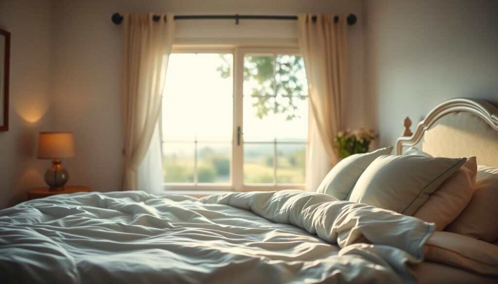 A serene bedroom scene emphasizing sleep quality. In the foreground, a neatly made bed with soft, inviting pillows and a plush comforter in calming colors like light blue and white. Beside the bed, a small bedside table with a gentle lamp casting warm light, creating a cozy ambiance. In the middle, an open window allowing soft, dappled sunlight to filter through sheer curtains, suggesting a tranquil morning. The background features a peaceful, softly blurred landscape visible through the window, hinting at nature outside. The mood is relaxing and soothing, ideal for conveying the importance of good sleep for health. Shot with a Sony A7R IV at 70mm, clear focus on the bed, and slightly blurred edges for a gentle effect.