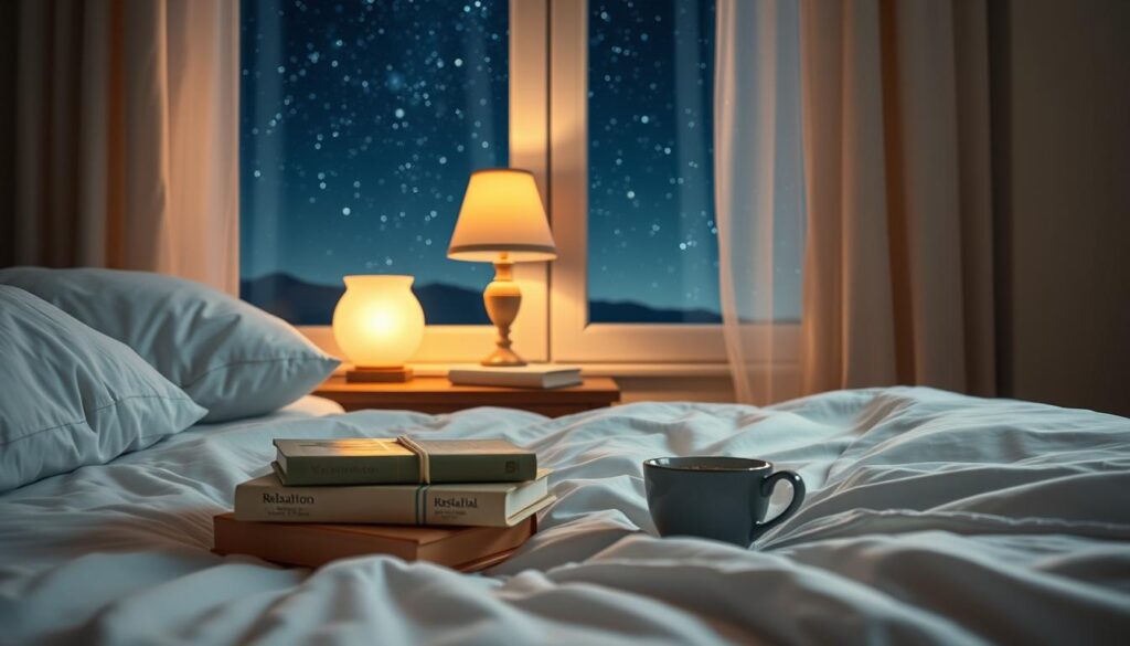 A serene bedroom scene illustrating the importance of sleep in stress management. In the foreground, a cozy bed with neatly arranged white linens and soft pillows, inviting relaxation. In the middle, a soft bedside lamp casts a warm, golden glow, illuminating a small stack of relaxation books and a steaming cup of herbal tea on a wooden nightstand. In the background, a window reveals a peaceful night sky filled with stars, while gentle shadows from the curtains create a soothing atmosphere. The composition should capture a tranquil mood, emphasizing calmness and comfort. Shot on a Sony A7R IV at 70mm, clearly focused, with sharply defined details and a polarized filter enhancing the peaceful ambiance.