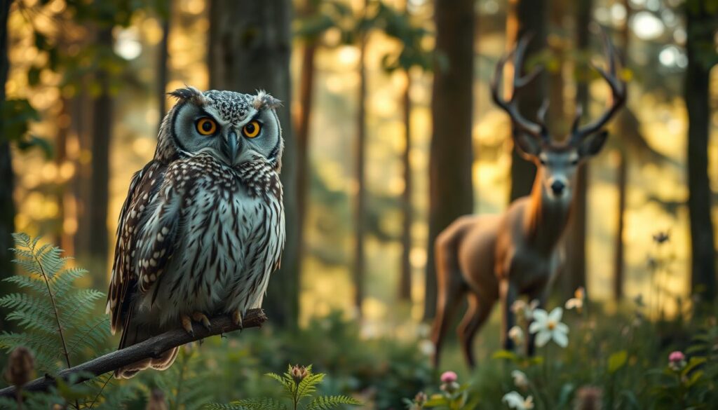 A serene forest setting depicting the concept of a personality test through animal symbolism. In the foreground, a wise owl perched on a branch, symbolizing wisdom and introspection, with its large, expressive eyes reflecting curiosity. In the middle ground, a majestic stag stands gracefully, exuding strength and confidence, surrounded by soft ferns and wildflowers. The background features a gentle blur of tall trees and dappled sunlight filtering through the leaves, creating a warm and inviting atmosphere. The lighting is soft and golden, resembling the golden hour, shot with a Sony A7R IV at 70mm for sharp clarity. The overall mood is reflective and peaceful, encouraging viewers to ponder their own personality traits and connections to the animal kingdom.
