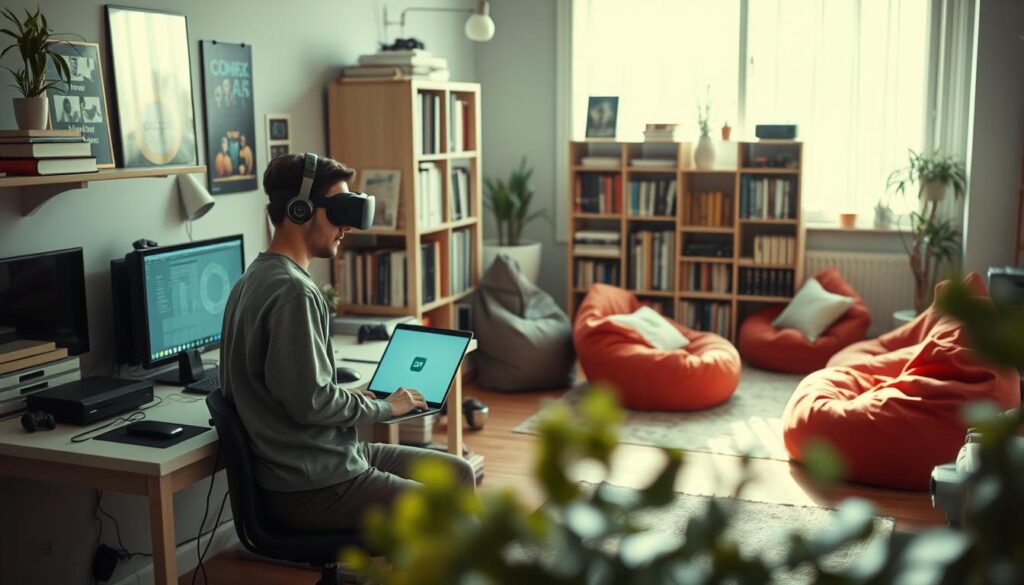A serene home office scene showcasing digital leisure activities. In the foreground, a person in modest casual clothing sits at a modern desk, intently engaged with a laptop, surrounded by VR headset, gaming consoles, and digital art supplies. The middle ground features a bookshelf filled with tech and multimedia books, while a cozy seating area with vibrant bean bags invites relaxation. The background reveals a large window letting in soft natural light, illuminating the space and casting gentle shadows. The overall atmosphere is inviting and creative, reflecting a harmonious blend of work and play. Shot on Sony A7R IV at 70mm, with a polarized filter for crisp clarity and defined detail, capturing the essence of modern digital recreation.