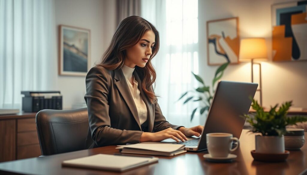A serene indoor office setting, featuring a young professional woman in smart casual attire, looking contemplatively at a laptop screen. In the foreground, an elegant desk with a planner, a cup of coffee, and a plant, symbolizing organization and patience. The middle ground shows a window with soft, natural light filtering through sheer curtains, creating a calm atmosphere. In the background, abstract art on the walls adds warmth and creativity to the space. The composition is sharply focused, emphasizing the woman's expression of anticipation and hope. The shot is taken with a Sony A7R IV at 70mm, employing a polarized filter to enhance colors and clarity, with a tranquil, thoughtful mood throughout the image.
