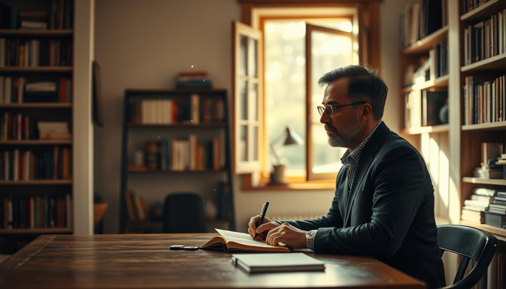 A serene indoor setting depicting a person engaged in deep self-reflection. In the foreground, a contemplative individual, a middle-aged man, dressed in smart casual attire, sits at a wooden desk, writing in a journal. The middle of the scene features an open window allowing soft, natural light to flood in, accentuating the dust motes floating in the air. In the background, shelves filled with books on psychology and self-improvement create a warm, inviting atmosphere. The color palette is soft and earthy, promoting a sense of calm. Shot with a Sony A7R IV at 70mm, the focus is sharp on the man and the journal, with a gentle blur on the background, enhancing the mood of introspection and personal growth.