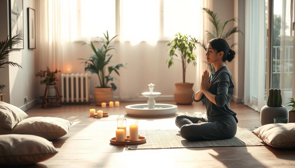 A serene indoor setting depicting various relaxation techniques for stress reduction. In the foreground, a calm individual dressed in comfortable yet professional attire practicing yoga, surrounded by a few lit candles and soft cushions. In the middle ground, a meditation corner with a small indoor plant, and a gentle water fountain. The background features soft, diffused natural light streaming through large windows, casting a warm glow on the scene. The atmosphere is tranquil and inviting, encouraging a sense of peace and mindfulness. The image is shot with a Sony A7R IV at 70mm, clearly focused and sharply defined, utilizing a polarized filter to enhance the serene colors and textures.