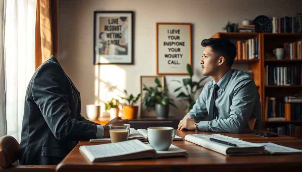 A serene interior scene depicting a person engaged in deep self-reflection. In the foreground, a thoughtful individual, dressed in professional business attire, sits at a wooden desk covered with journals and a steaming cup of tea. Their gaze is directed out the window, where soft, early morning light filters through sheer curtains, creating a warm and inviting atmosphere. In the middle, the room is adorned with potted plants and motivational art on the walls, embodying tranquility and inspiration. The background shows a bookshelf filled with books on personal development and philosophy. The lighting is soft and diffused, enhancing the mood of introspection and calm. Shot on Sony A7R IV with a 70mm lens, resulting in a clearly focused and sharply defined image, enhanced by a polarized filter for even lighting.