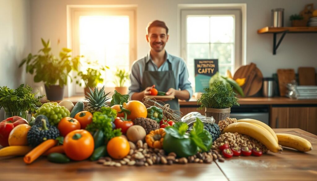 A serene kitchen scene filled with vibrant, fresh foods symbolizing nutrition and mental well-being. In the foreground, a beautifully arranged wooden table showcases a variety of colorful fruits, vegetables, nuts, and seeds, representing a balanced diet. In the middle ground, a smiling person dressed in casual, professional attire prepares a healthy meal, surrounded by herbal plants and cookbooks about nutrition. In the background, warm sunlight filters through a large window, castening a golden hue across the room, promoting a sense of peace and wellness. The atmosphere is inviting and energetic, emphasizing the connection between nutrition and mental health. Shot on Sony A7R IV at 70mm, the image is sharply defined with a polarized filter enhancing the colors and textures of the food.