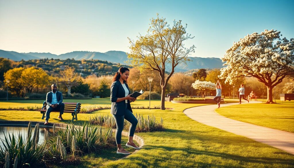 A serene landscape depicting a balanced collection of personal resources to enhance resilience. In the foreground, a diverse group of professionals in smart casual attire is engaging in various activities: one meditating beside a tranquil pond, another reading a book on a bench, and a third practicing yoga under a blossoming tree. The middle ground reveals a vibrant community park with flourishing plants and a sunlight-dappled path, symbolizing growth and wellness. In the background, gentle hills rise against a clear blue sky, embodying stability and hope. The scene is illuminated by soft, natural light, with a slight golden hue during late afternoon, creating a peaceful and encouraging atmosphere. Shot on a Sony A7R IV at 70mm, highly detailed and sharply defined with a polarized filter. A serene landscape depicting a balanced collection of personal resources to enhance resilience. In the foreground, a diverse group of professionals in smart casual attire is engaging in various activities: one meditating beside a tranquil pond, another reading a book on a bench, and a third practicing yoga under a blossoming tree. The middle ground reveals a vibrant community park with flourishing plants and a sunlight-dappled path, symbolizing growth and wellness. In the background, gentle hills rise against a clear blue sky, embodying stability and hope. The scene is illuminated by soft, natural light, with a slight golden hue during late afternoon, creating a peaceful and encouraging atmosphere. Shot on a Sony A7R IV at 70mm, highly detailed and sharply defined with a polarized filter.