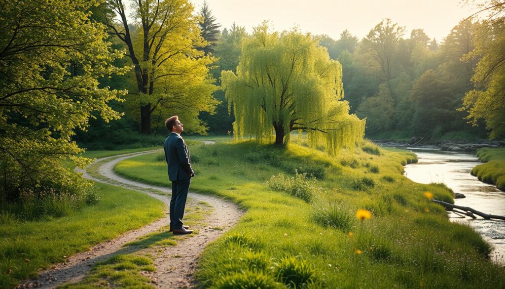 A serene landscape depicting a winding path through a lush, green forest, symbolizing the journey of self-discovery and finding one's purpose. In the foreground, a person in modest, professional attire stands thoughtfully at the fork in the path, gazing in contemplation. The middle ground showcases vibrant trees and blooming wildflowers, enhancing the sense of growth and potential. In the background, a gentle stream flows, reflecting warm sunlight filtering through the canopy, creating a tranquil and inviting atmosphere. The scene is captured with a Sony A7R IV at 70mm, focusing sharply on the figure while softly blurring the background, evoking a sense of introspection and hope. The overall mood is peaceful and inspiring, encouraging exploration of one's life purpose.