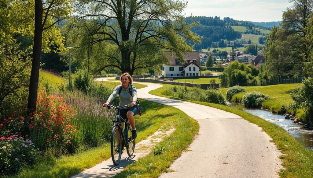 A serene landscape featuring well-maintained bicycle paths winding through lush greenery and scenic nature. In the foreground, a cyclist in modest casual clothing rides along the path, enjoying the tranquil atmosphere. The middle ground showcases vibrant wildflowers and tall trees lining the route, while a gentle stream flows nearby. In the background, rolling hills and the outline of the historic town of Hann. Münden can be seen, with its charming half-timbered buildings peeking through the foliage. The scene is captured with a Sony A7R IV at 70mm, with sharp focus and vibrant colors, enhanced by a polarized filter to bring out the clarity of the sky. The mood is peaceful and inviting, evoking a sense of exploration and connection with nature.