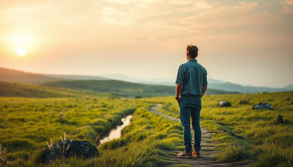 A serene landscape illustrating the concept of "finding one's purpose." In the foreground, a contemplative person in modest casual clothing stands at a crossroads, gazing thoughtfully at two diverging paths in a lush green meadow. The middle area features gentle streams, flowering plants, and distant, softly rolling hills. In the background, a warm sunset casts a golden hue across the scene, enhancing the sense of hope and discovery. Utilize a Sony A7R IV with a 70mm lens, ensuring clarity and sharp focus on the subject while softening the background slightly. Employ a polarized filter to enrich the colors and accentuate the tranquil atmosphere, evoking a sense of peace and introspection.
