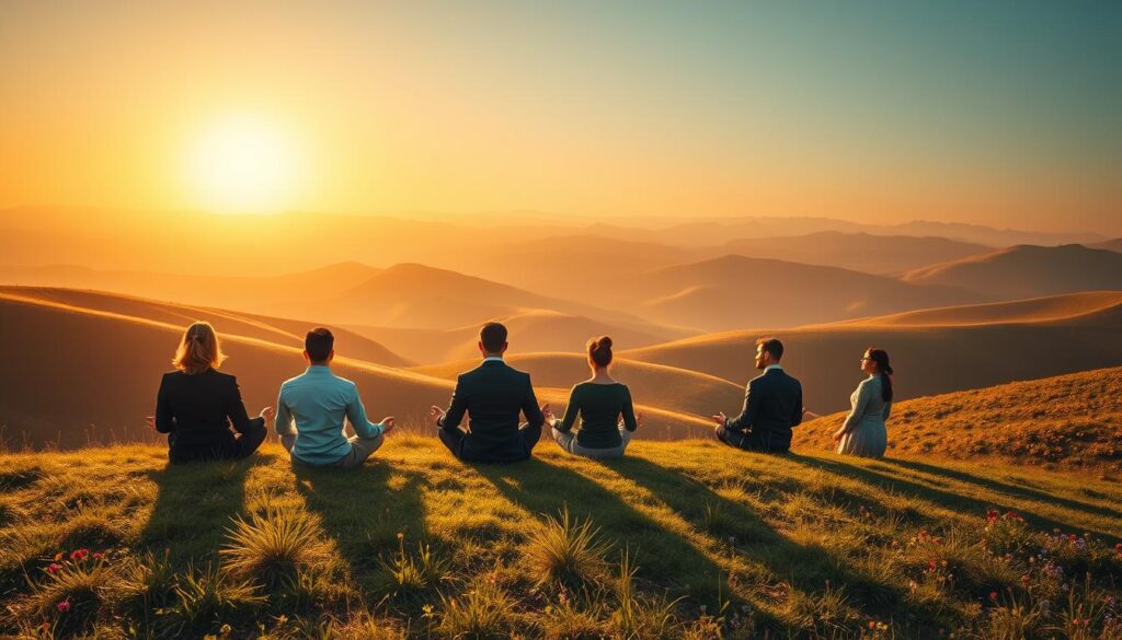 A serene landscape illustrating the theme of acceptance as a source of inner strength. In the foreground, a diverse group of individuals peacefully meditating on a grassy hill, dressed in smart, professional attire, embodying calm and introspection. In the middle ground, gentle rolling hills with vibrant wildflowers, symbolizing growth and resilience. The background features a soft, luminous sunset casting warm golden hues over the scene, creating a tranquil atmosphere. The sky transitions from orange to deep blue, suggesting hope and reflection. The image is shot with a Sony A7R IV at 70mm, ensuring a clearly focused and sharply defined composition, enhanced by a polarized filter to enrich colors and contrast. The mood is one of peaceful acceptance and strength.