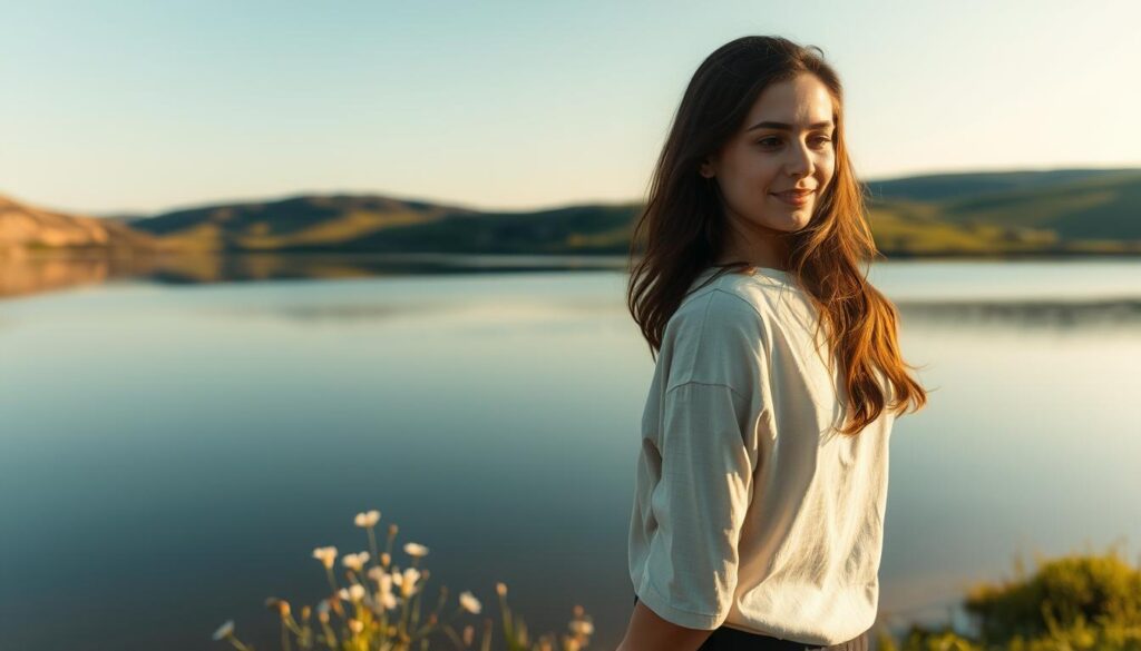 A serene landscape symbolizing the importance of self-acceptance, featuring a calm lake reflecting a clear blue sky. In the foreground, a young woman dressed in modest casual clothing stands peacefully on the shore, gazing thoughtfully at her reflection in the water. Her expression shows a sense of inner peace and acceptance. In the middle ground, delicate wildflowers bloom along the lake's edge, adding splashes of color. The background consists of gentle hills and soft, rolling green fields lit by soft, golden sunlight, creating a warm and inviting atmosphere. Shot on a Sony A7R IV at 70mm, with clear focus and sharp definition, enhanced by a polarized filter to bring out vibrant details in the scene.