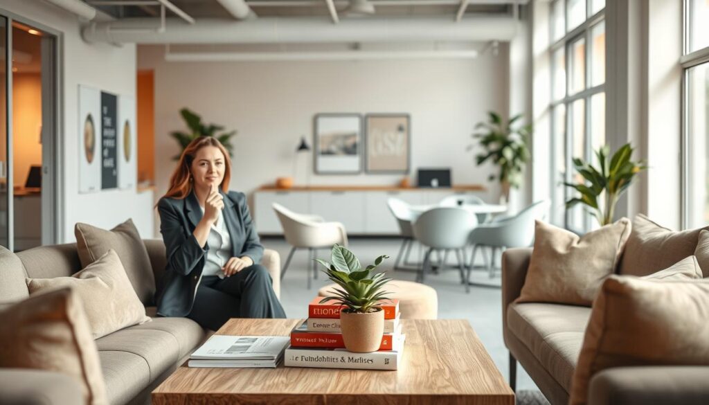 A serene office break area that emphasizes "Gesundheitsschutz," featuring a cozy lounge with soft, modern furniture and large windows allowing natural light to pour in. In the foreground, a professional woman in smart business attire enjoys a healthy snack, such as fruit or nuts, while seated comfortably. In the middle, a coffee table displays mindfulness resources like books on wellness and stress management, along with a soothing plant. The background reveals a bright, welcoming workspace with inviting colors and motivational art on the walls, creating a calming atmosphere. Shot on a Sony A7R IV with a 70mm lens, the image should be sharply defined with a soft focus on the background, using a polarized filter for enhanced clarity and light. The overall mood is uplifting and peaceful, reflecting the importance of breaks for health.
