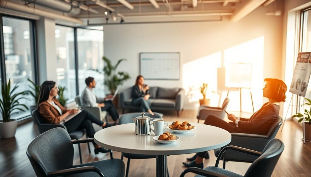 A serene office break room scene, designed to capture the essence of "rest periods and break regulations" in the workplace. In the foreground, a round table is set with a steaming coffee pot and fresh pastries, surrounded by comfortably seated professionals in business attire, engaged in relaxed conversation. The middle ground features large windows with soft natural light filtering through, illuminating a cozy seating area. The background shows a minimalist office design with potted plants and a whiteboard displaying a schedule of break times. The mood is calm yet productive, promoting the importance of taking breaks for mental wellness. Shot with a Sony A7R IV, 70mm lens, clearly focused and sharply defined with a polarized filter for vibrant colors and contrast.
