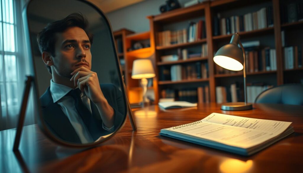 A serene office environment at dusk, where a person sits at a polished wooden desk reflecting thoughtfully while gazing into a mirror that symbolizes self-reflection. In the foreground, show a close-up of the mirror's surface, capturing the individual's expression of contemplation, dressed in business attire. In the middle ground, a soft-lit desktop lamp casts warm light, illuminating a notebook with scattered notes on communication techniques. In the background, blurred shelves filled with books on psychology and communication enhance the setting. The atmosphere should evoke a sense of calm and introspection. Shot on a Sony A7R IV at 70mm, ensure the image is clearly focused and sharply defined, using a polarized filter to enhance details and reduce glare.