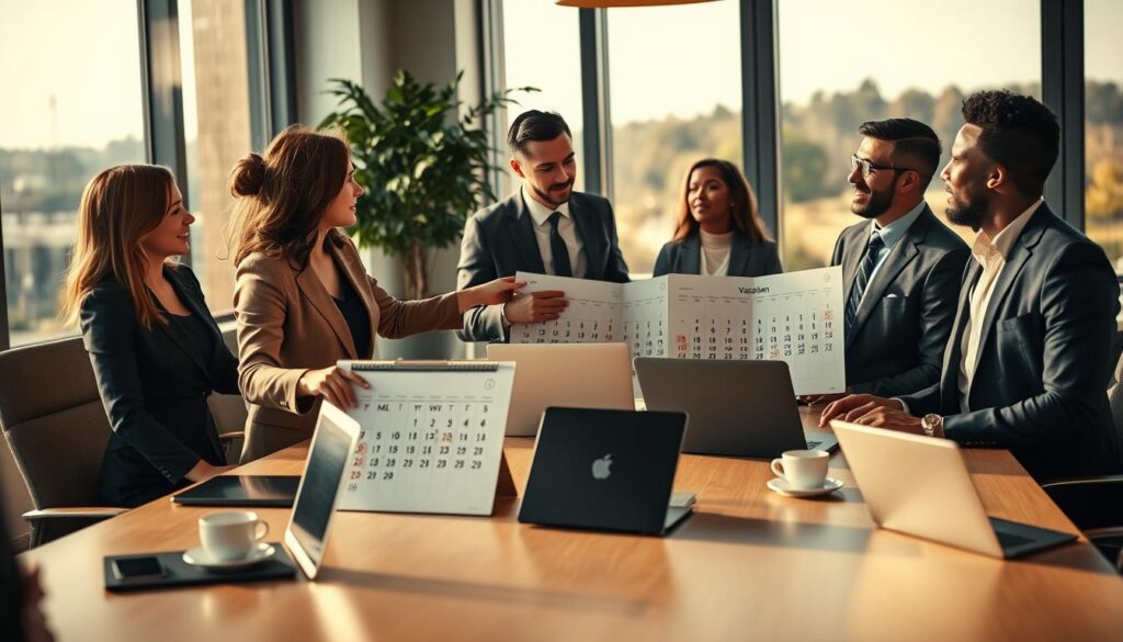 A serene office environment depicting a professional setting, where a group of diverse employees in smart business attire are engaged in a lively discussion about vacation entitlements. In the foreground, a woman points towards a calendar filled with marked vacation days, while a man nods in agreement. In the middle, a modern conference table is adorned with laptops and coffee cups, representing an open dialogue about annual leave. The background shows a view of a sunny outdoor landscape through a large window, hinting at the joy of vacations. The lighting is warm and inviting, capturing a hopeful atmosphere, shot on a Sony A7R IV at 70mm, with a polarized filter for clarity and sharpness.