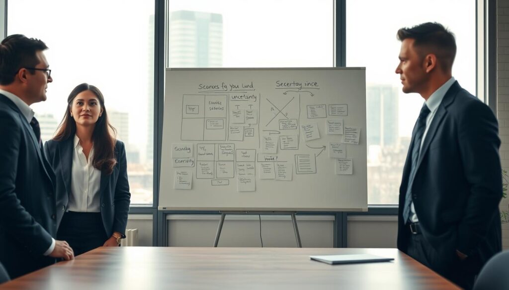 A serene office environment illustrating the theme of coping with uncertainty. In the foreground, a diverse group of three professionals, one woman and two men, are engaged in focused conversation, dressed in smart business attire. Their expressions reflect contemplation and collaboration. In the middle, a large whiteboard filled with diagrams and sticky notes symbolizes brainstorming strategies to navigate uncertainty. The background features a large window letting in soft, natural light, showcasing a cityscape that suggests both challenges and opportunities. The atmosphere is calm yet dynamic, embodying a sense of resilience and teamwork. Shot on a Sony A7R IV with a 70mm lens, the image is clearly focused and sharply defined, enhanced by a polarized filter to reduce glare and emphasize detail.
