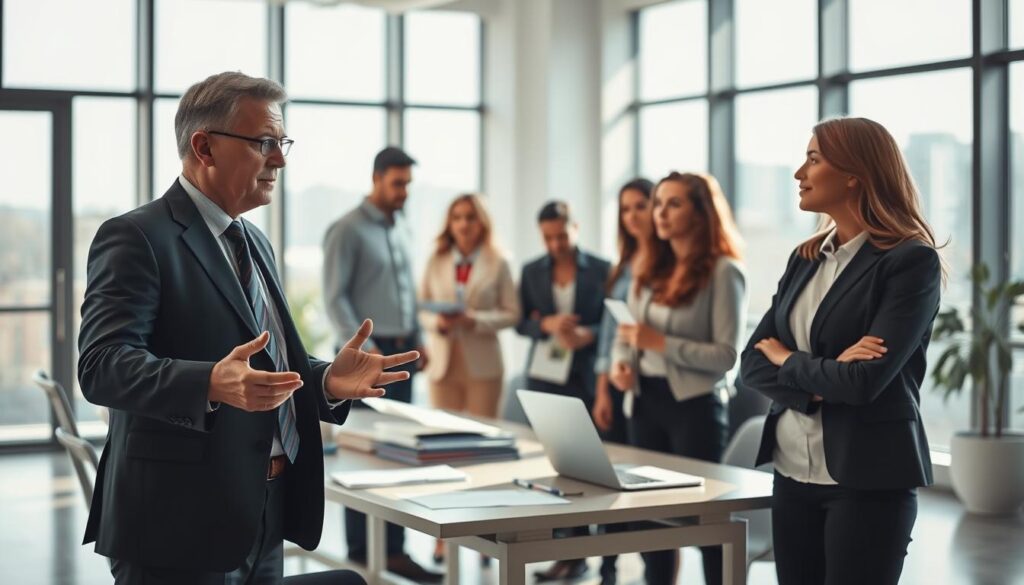 A serene office environment showcasing a diverse group of professionals engaged in a lively discussion about job security. In the foreground, a middle-aged man in a tailored suit gestures confidently, emphasizing his points, while a young woman in smart casual wear listens intently, her expression thoughtful. In the middle ground, a modern desk cluttered with reports and a laptop reflects a collaborative atmosphere. The background features large windows allowing soft natural light to flood the space, casting gentle shadows and highlighting the professionals' faces. The scene conveys a sense of stability and assurance. Shot with a Sony A7R IV at 70mm, with a sharply defined focus and a polarized filter enhancing the clarity and richness of colors, creating a warm, reassuring mood.