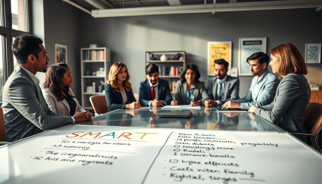 A serene office environment showcasing a diverse group of professionals gathered around a modern conference table, engaged in a focused discussion on goal setting. In the foreground, a clear, detailed close-up of a whiteboard filled with colorful SMART goals (Specific, Measurable, Achievable, Relevant, Time-bound) outlined in an organized manner. The middle ground features the professionals in smart business attire, intently listening and taking notes, illuminated by soft, natural lighting coming through large windows. The background includes a sleek bookshelf filled with inspirational books and a few motivational posters, enhancing the atmosphere of productivity and collaboration. The entire scene is captured with a Sony A7R IV at 70mm, ensuring sharp focus and clarity with a polarized filter to reduce glare and enrich colors. The mood is ambitious yet encouraging, reflecting a proactive approach to effective goal orientation.