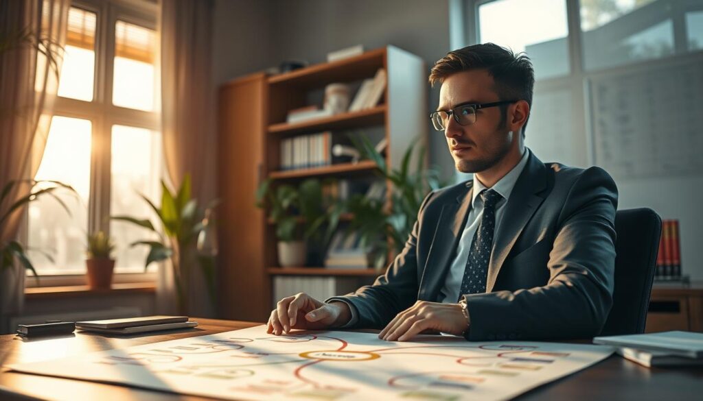 A serene office environment showcasing a professional in business attire, seated at a desk, thoughtfully analyzing a large mind map on stressors. In the foreground, a close-up of the mind map reveals various stressors like deadlines, personal relationships, and work-life balance, visually linked with colorful lines. The middle background features natural light streaming through a window, illuminating the scene and creating a warm, focused atmosphere. Soft shadows cast by indoor plants enhance the calmness. The background shows shelves with books on stress management clearly organized. The image is taken with a Sony A7R IV at 70mm, ensuring sharp detail and clarity, with a polarized filter to enhance colors and contrast, evoking a mood of introspection and productive analysis.